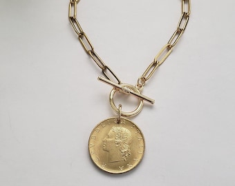 Italian coin bracelet, chunky gold bracelet, Italian gift for woman, birthday gift for friend, gold toggle bracelet, gold coin jewelry