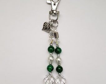 Emerald green charm, purse charm, repurposed jewelry, St. Patrick's day gift for sister, silver and green, purse accessory, zipper pull