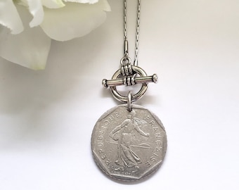 French coin necklace, front toggle silver necklace, birthday gift for Francophile, French gift for sister, repurposed jewelry, French franc