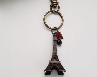 Eiffel tower keychain, repurposed jewelry, assemblage key ring, Paris-theme keychain, purse accessory, French gift for women, birthday gift