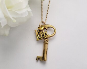 Skeleton key necklace, gold skeleton key, love charm necklace, Valentine's gift for girlfriend, anniversary gift for wife, love charm gold