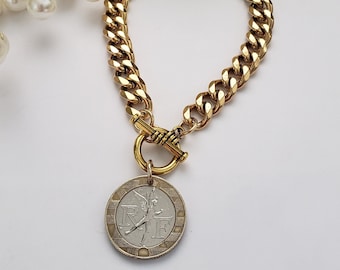 Vintage French coin bracelet, gold and silver bracelet, birthday gift for Francophile, gift for traveler, chunky toggle bracelet