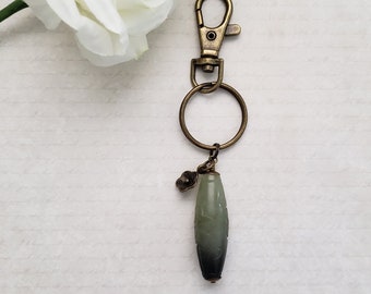 Green stone keychain, antique bronze charm, antique bronze flower, forest green stone, zipper pull, thank you gift, housewarming gift