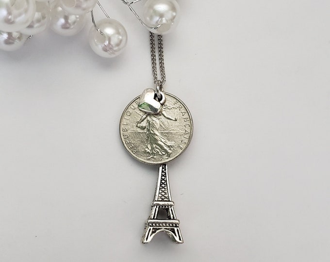 French necklace, Eiffel tower charm necklace, Paris necklace, birthday gift for Francophile, French gift for sister, French coin necklace