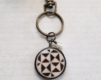 Quilt keychain, bone bead keychain, birthday gift for quilter, quilt accessory, sewing gift for quilter, purse/tote bag charm, zipper pull