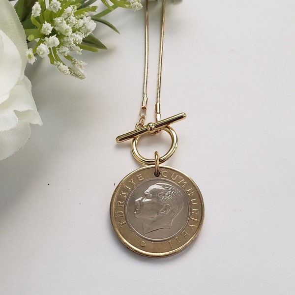 Turkish coin necklace, two toned coin necklace, toggle necklace, Turkish gift for her, Lirasi coin, birthday gift for friend, upcycled gift