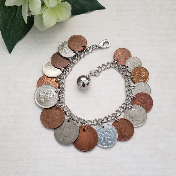 Vintage coin bracelet, coin charm bracelet, birthday gift for coin collector, foreign coin jewelry, birthday gift for mom, coin jewelry