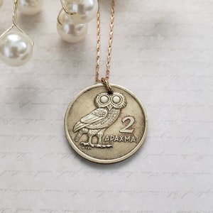 Owl necklace, Greek coin necklace, birthday gift for sister, Greek gift for mom, Owl of Athena necklace, wisdom jewelry, bimetallic coin image 1