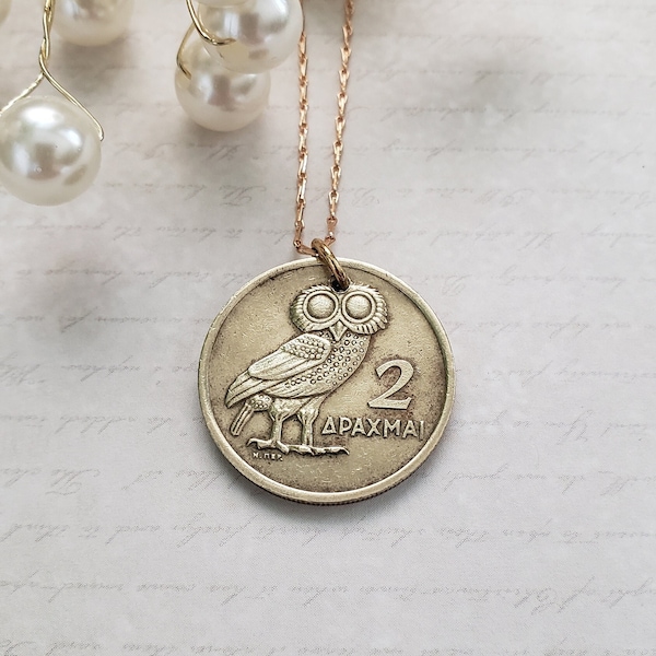 Owl necklace, Greek coin necklace, birthday gift for sister, Greek gift for mom, Owl of Athena necklace, wisdom jewelry, bimetallic coin