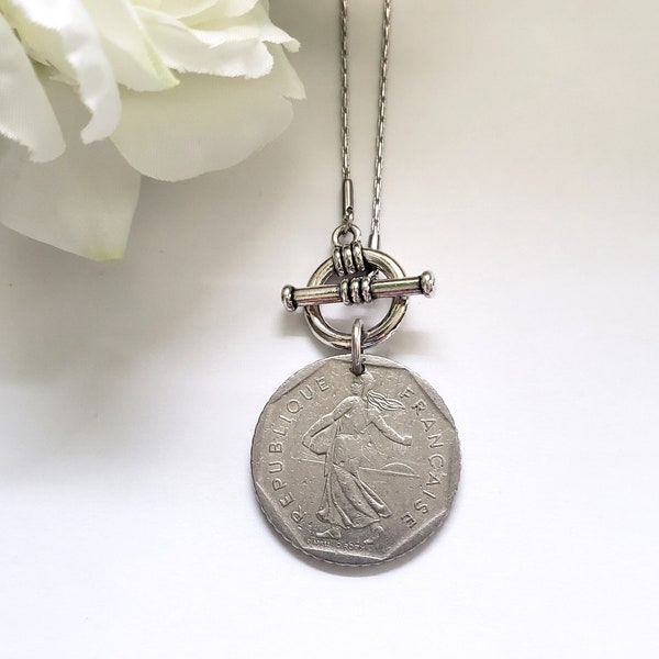 French coin necklace, front toggle silver necklace, birthday gift for Francophile, French gift for sister, repurposed jewelry, French franc