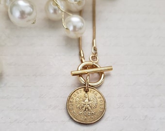 Polish coin necklace, coin pendant, toggle necklace, gold coin jewelry, birthday gift for mom, Polish gift for sister, reversible jewelry