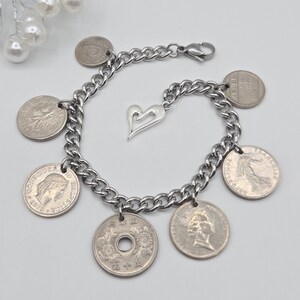 Coin bracelet for women, 7 coin bracelet, birthday gift for coin lovers, gold coins, foreign coins, gift for coin collectors, silver coins Silver coins B