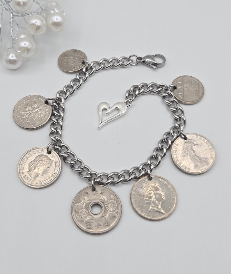 Coin bracelet for women, 7 coin bracelet, birthday gift for coin lovers, gold coins, foreign coins, gift for coin collectors, silver coins Silver coins B