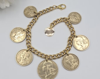 French coin bracelet, vintage French coins, gold coin bracelet, birthday gift for girlfriend, French gift for friend, Francophile gift