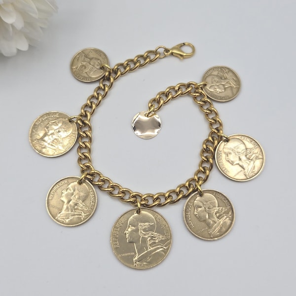 French coin bracelet, vintage French coins, gold coin bracelet, birthday gift for girlfriend, French gift for friend, Francophile gift