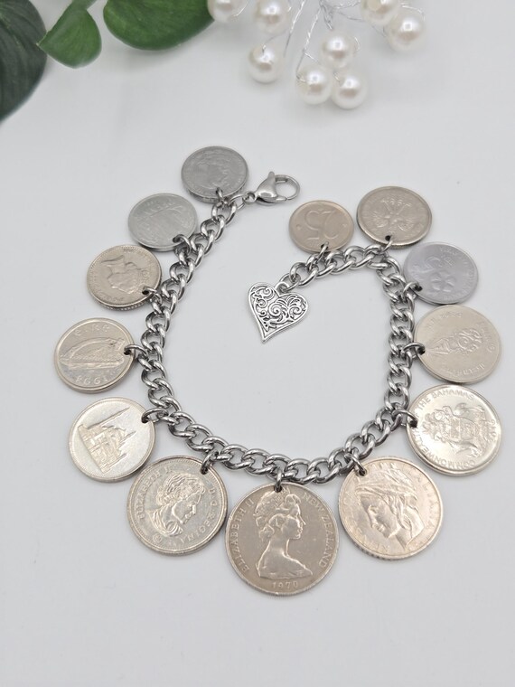 Vintage silver coin bracelet, repurposed jewelry, coin collector gift, birthday gift for Mom, small world coins, upcycled jewelry