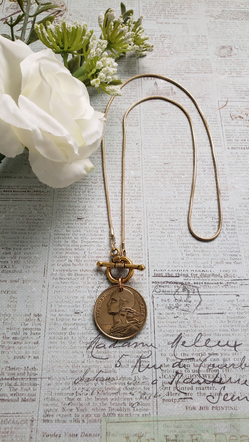 French coin necklace, front toggle gold necklace, centimes French coin necklace, birthday gift for Francophile, French gift for daughter image 2