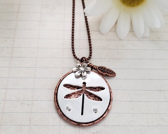 Dragonfly pendant necklace, silver and copper jewelry, dragonfly charm necklace, birthday gift for mom, gardener gift, long necklace