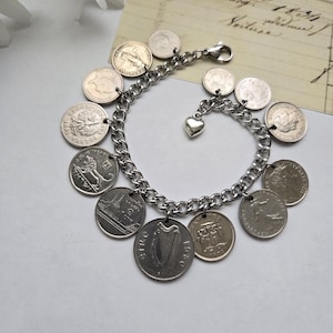 Vintage silver coin bracelet, repurposed jewelry, coin collector gift, birthday gift for Mom, small foreign coins, upcycled jewelry