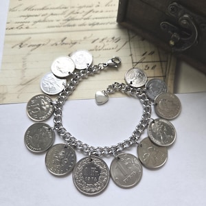 Vintage silver coin bracelet, repurposed jewelry, coin collector gift, birthday gift for Mom, small foreign coins, upcycled jewelry