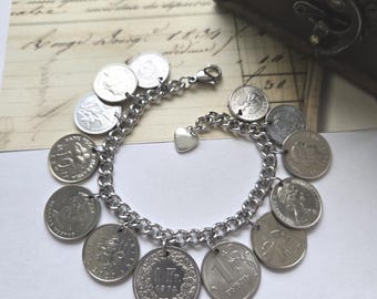 Vintage silver coin bracelet, repurposed jewelry, coin collector gift, birthday gift for Mom, small foreign coins, upcycled jewelry