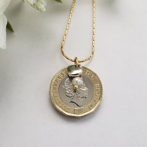 British coin necklace, Queen Elizabeth remembrance jewelry, birthday gift for coin collector, British gift for mom, bimetallic coin necklace