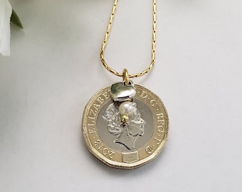 British pound coin necklace, Queen Elizabeth remembrance jewelry, birthday gift for coin collector, repurposed jewelry, two-toned necklace
