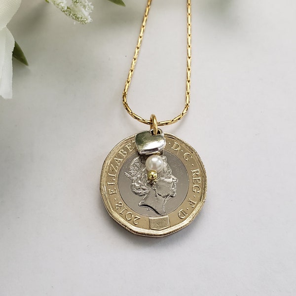 British pound coin necklace, Queen Elizabeth remembrance jewelry, birthday gift for coin collector, repurposed jewelry, two-toned necklace