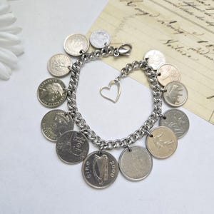 Vintage silver coin bracelet, repurposed jewelry, coin collector gift, birthday gift for Mom, small foreign coins, upcycled jewelry