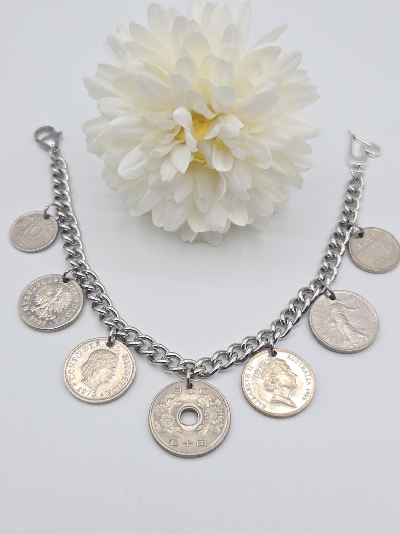 Coin bracelet for women, 7 coin bracelet, birthday gift for coin lovers, gold coins, foreign coins, gift for coin collectors, silver coins image 5