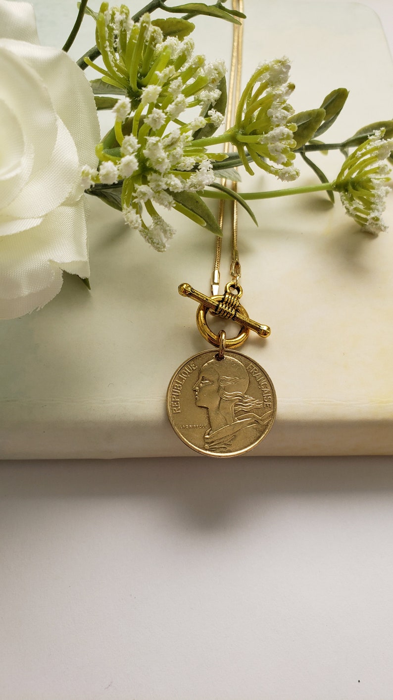 French coin necklace, front toggle gold necklace, centimes French coin necklace, birthday gift for Francophile, French gift for daughter image 4
