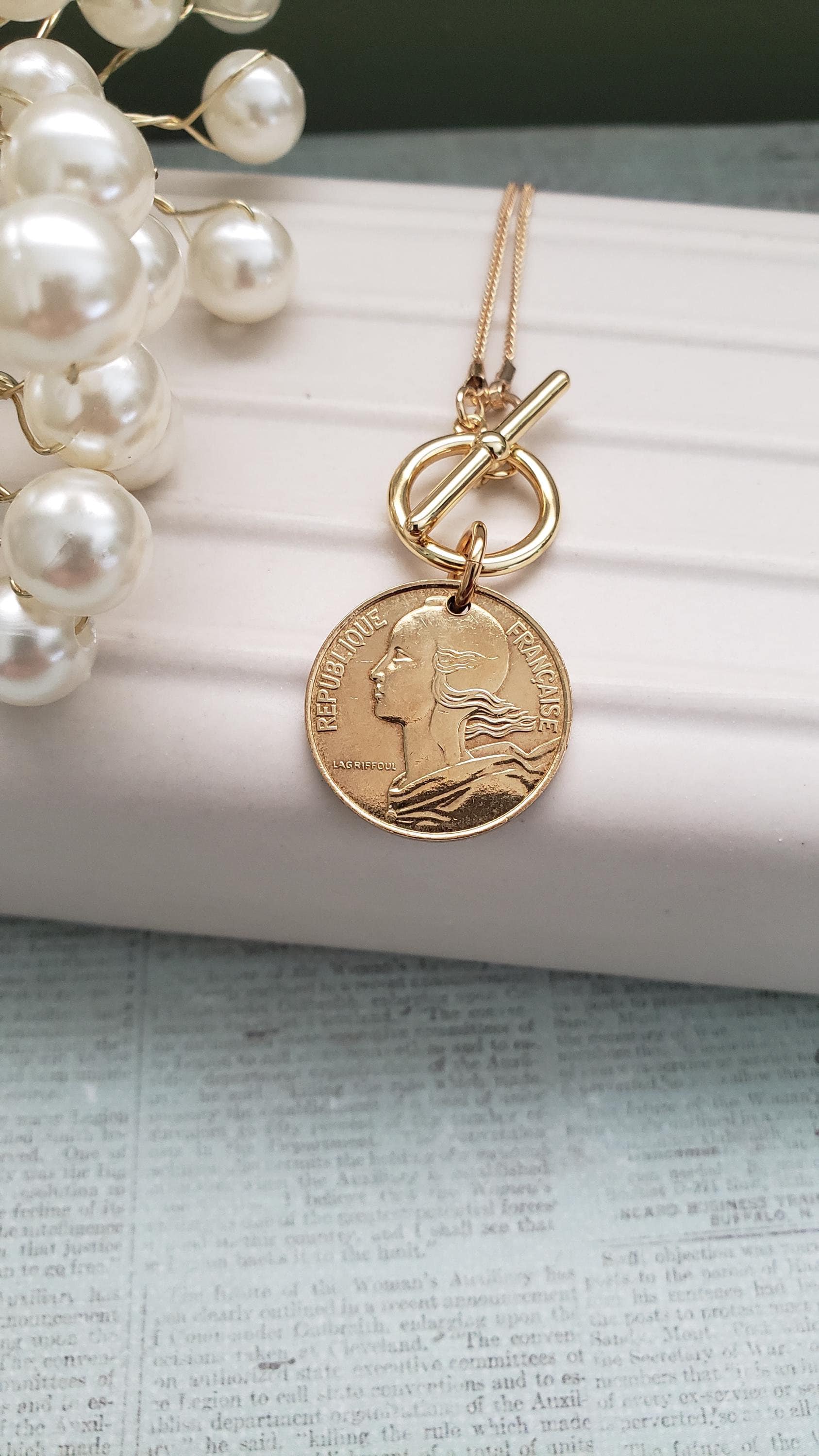 French Coin Necklace, Gold Coin Necklace, Centimes French Coin 