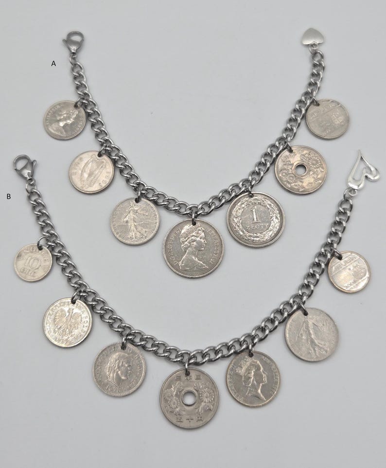 Coin bracelet for women, 7 coin bracelet, birthday gift for coin lovers, gold coins, foreign coins, gift for coin collectors, silver coins image 8
