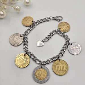 Coin bracelet for women, 7 coin bracelet, birthday gift for coin lovers, gold coins, foreign coins, gift for coin collectors, silver coins Gold & Silver coins