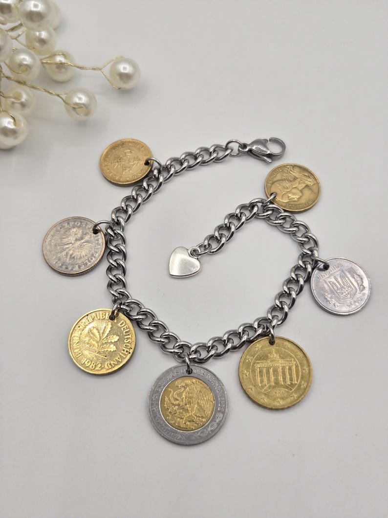 Coin bracelet for women, 7 coin bracelet, birthday gift for coin lovers, gold coins, foreign coins, gift for coin collectors, silver coins Gold & Silver coins