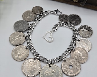 Vintage silver coin bracelet, repurposed coins, coin collector gift, birthday gift, authentic world coins, upcycled jewelry