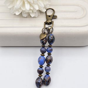 Blue and bronze purse charm, blue bag charm, zipper pull, thank you gift, birthday gift for friend, repurposed glass and metal beads
