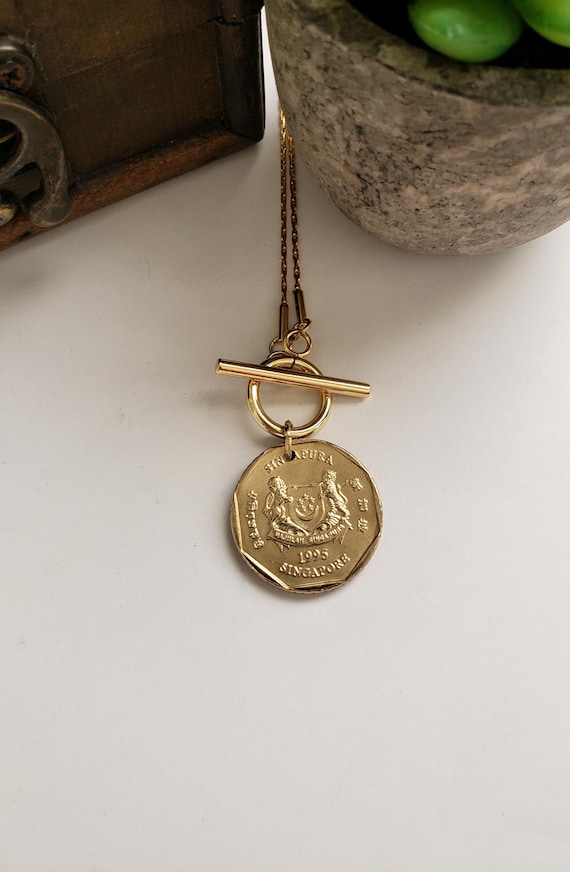 Asian coin necklace, Singapore coin jewelry, birthday gift for coin collector, toggle necklace, silver coin necklace, vintage coin jewelry