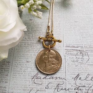 French coin necklace, front toggle gold necklace, centimes French coin necklace, birthday gift for Francophile, French gift for daughter image 1
