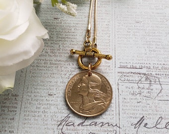 French coin necklace, front toggle gold necklace, centimes French coin necklace, birthday gift for Francophile, French gift for daughter