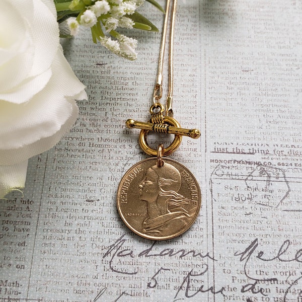 French coin necklace, front toggle gold necklace, centimes French coin necklace, birthday gift for Francophile, French gift for daughter