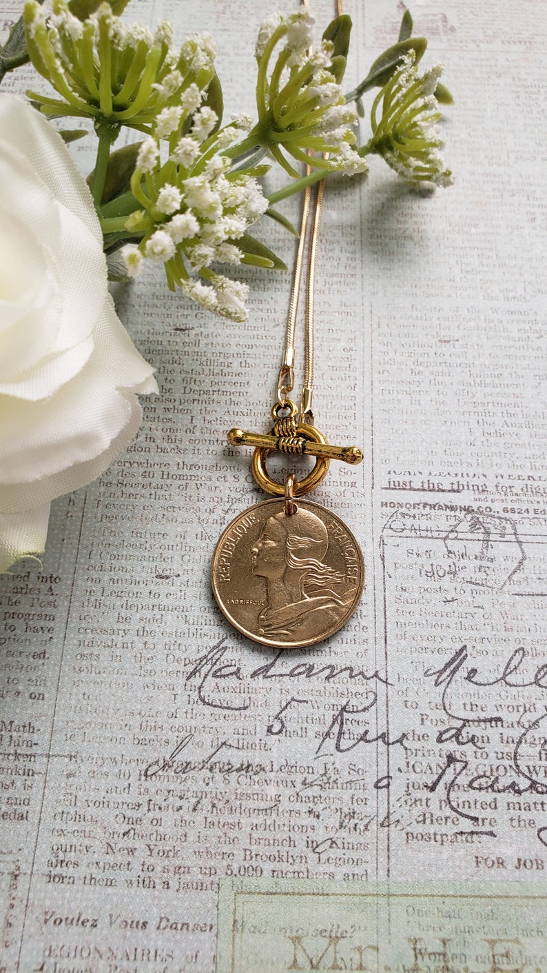 French coin necklace, front toggle gold necklace, centimes French coin necklace, birthday gift for Francophile, French gift for daughter image 1