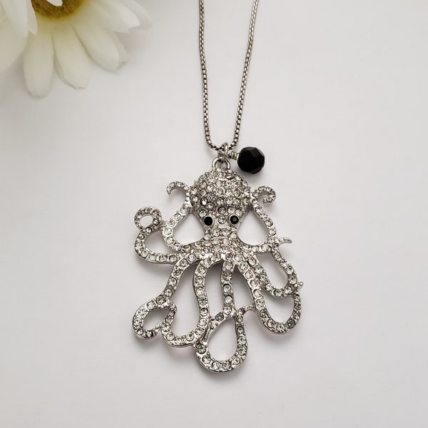 Octopus necklace, kraken jewelry, sea life charm necklace, silver and rhinestone long necklace, birthday gift for daughter, tentacle jewelry