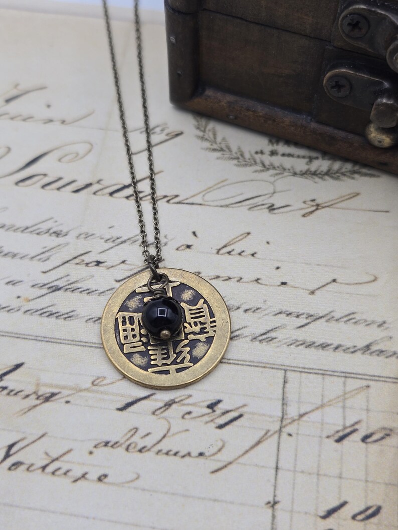 Chinese coin necklace, repurposed jewelry, antique bronze necklace, birthday gift for coin lover, good luck coin, antique bronze toggle imagen 10