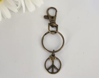 Peace sign keychain, peace sign charm, antique brass keychain, Christmas gift for friend, thank you gift for teacher, charm keychain