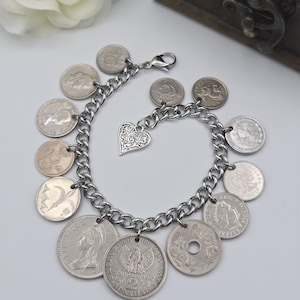 Vintage silver coin bracelet, repurposed coins, coin collector gift, birthday gift, authentic world coins, upcycled jewelry B