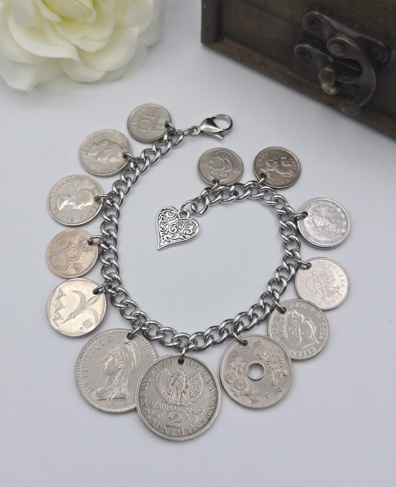 Vintage silver coin bracelet, repurposed coins, coin collector gift, birthday gift, authentic world coins, upcycled jewelry B