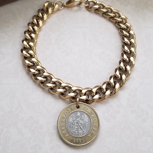 Polish coin bracelet, duo tone coin, Polish gift for sister, gold coin bracelet, birthday gift for mom, front toggle clasp, paperclip chain