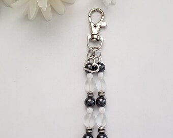 Purse charm for handbag, dark gray and white purse accessory, zipper pull, birthday gift for friend, stocking stuffer, backpack charm