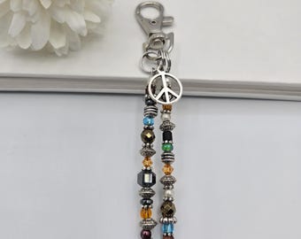 Peace symbol purse charm, multi-colored beaded purse charm, planner charm, birthday gift for daughter, backpack charm, teacher appreciation